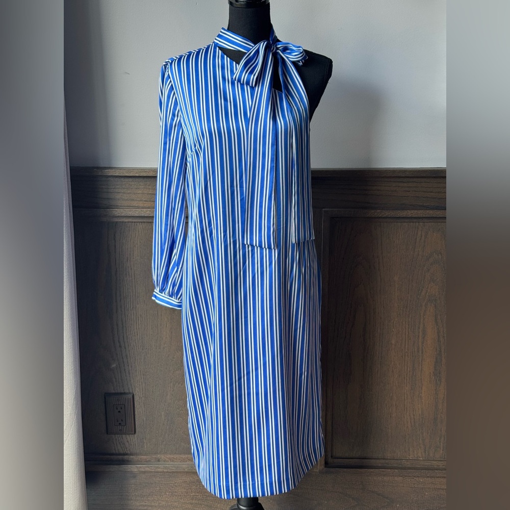 Banana Republic Blue and White Striped One-Shoulder Tie-Neck Dress